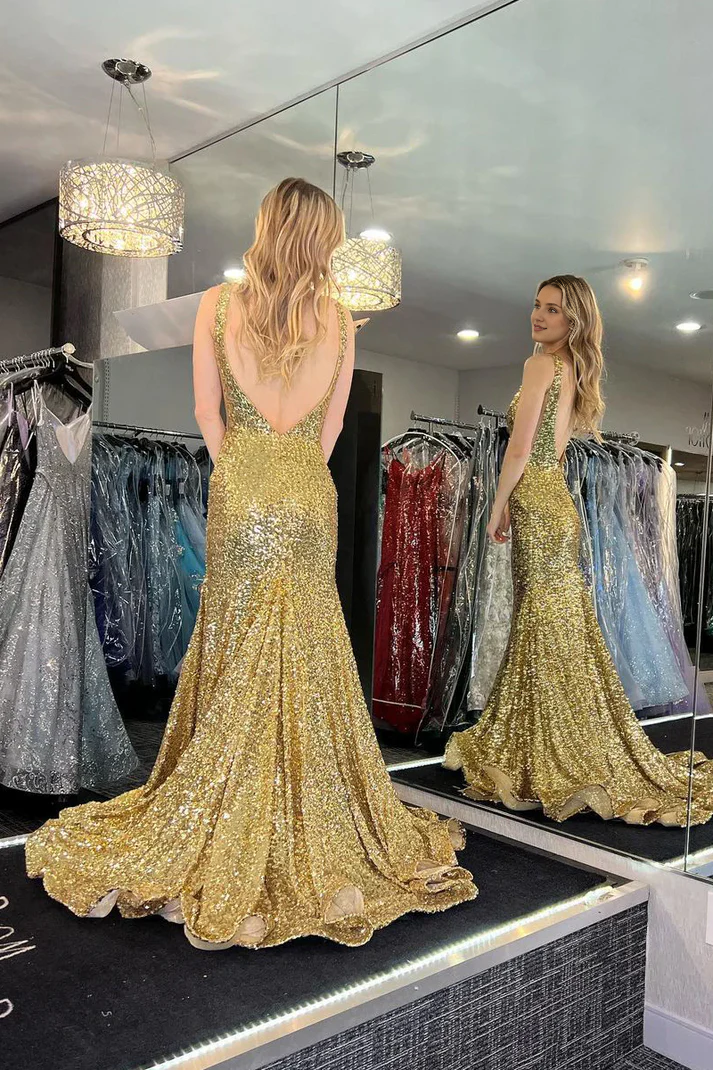 Sleeveless Backless Gold V Neck Sequins Mermaid Prom Dresses With Slit